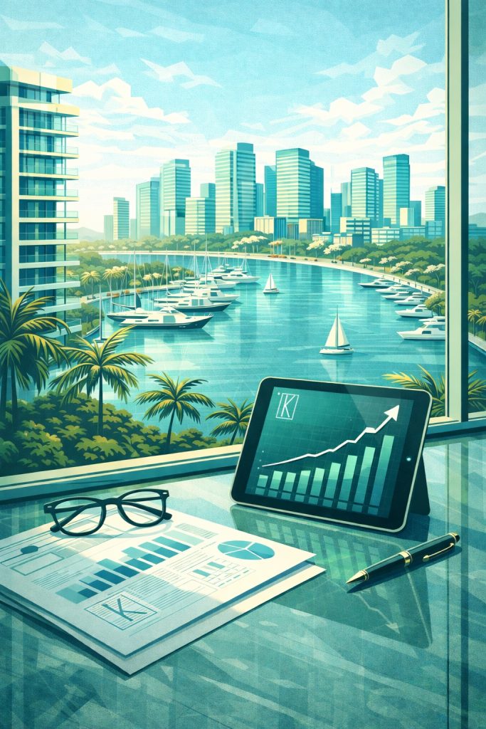 iPad displaying financial growth charts on a desk overlooking the Miami waterfront skyline