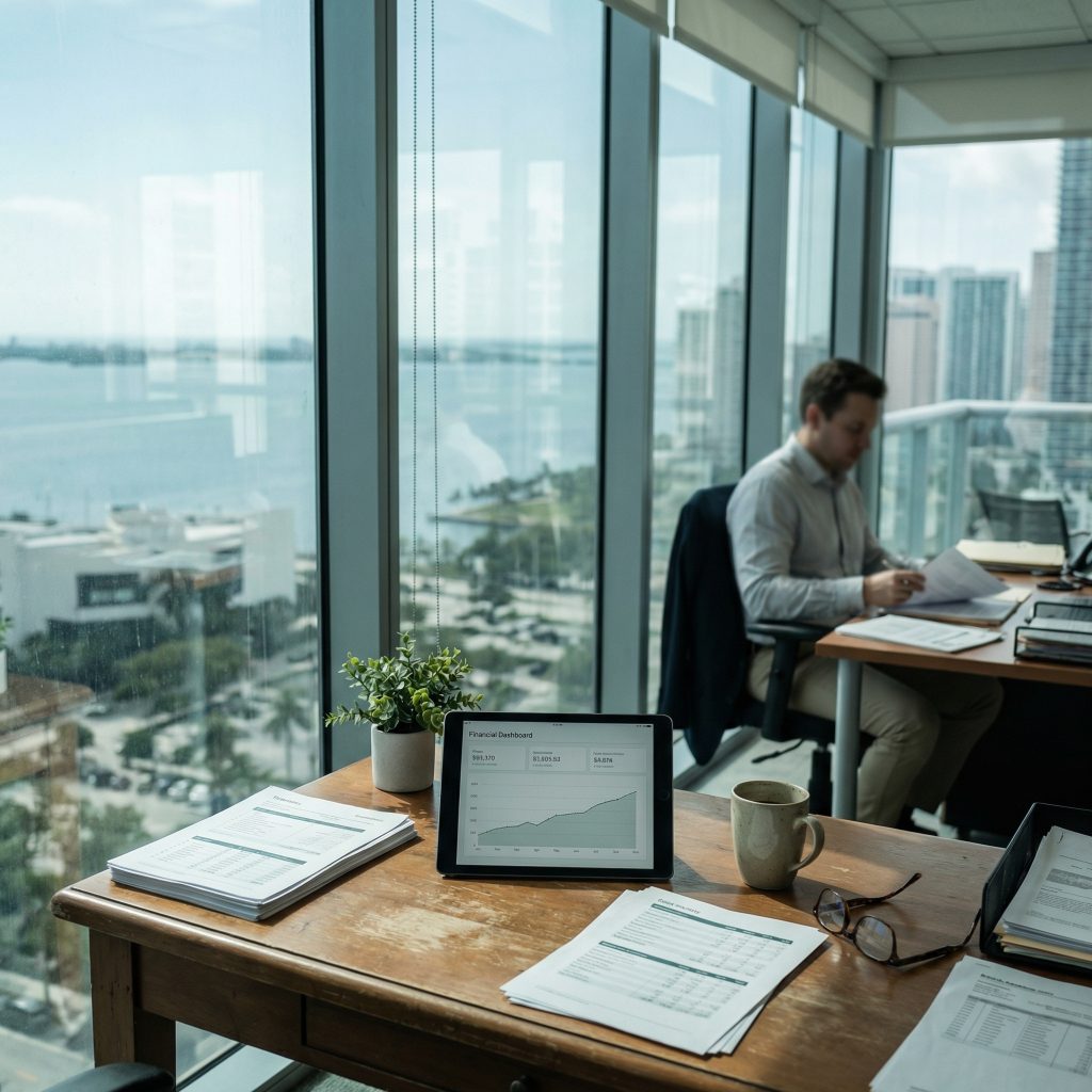 Real Miami property management office with financial reports and tablet dashboard overlooking Biscayne Bay